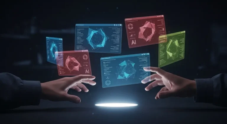 Tecnología de inteligencia artificial avanzada visualizada con elementos digitales y flujos de información