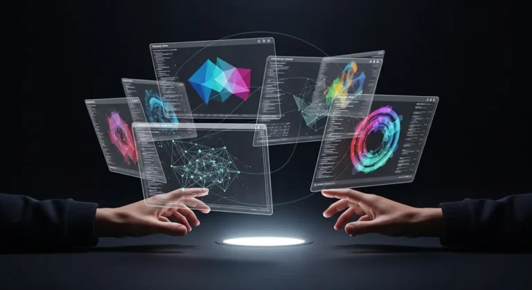 Representación conceptual de inteligencia artificial con elementos tecnológicos y datos digitales sobre fondo oscuro