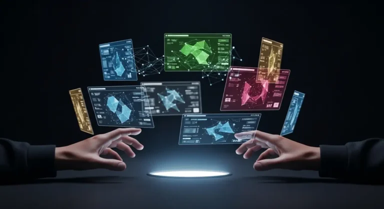 Representación conceptual de inteligencia artificial con elementos tecnológicos y datos digitales sobre fondo oscuro