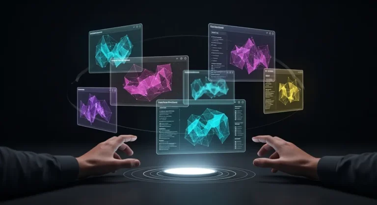 Representación conceptual de inteligencia artificial con elementos tecnológicos y datos digitales sobre fondo oscuro