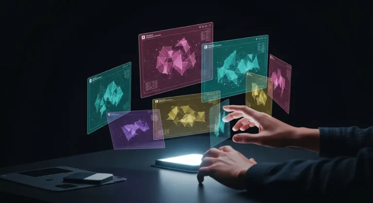 La interfaz del futuro: manos gestuales controlando datos y análisis de IA en paneles holográficos multicolor