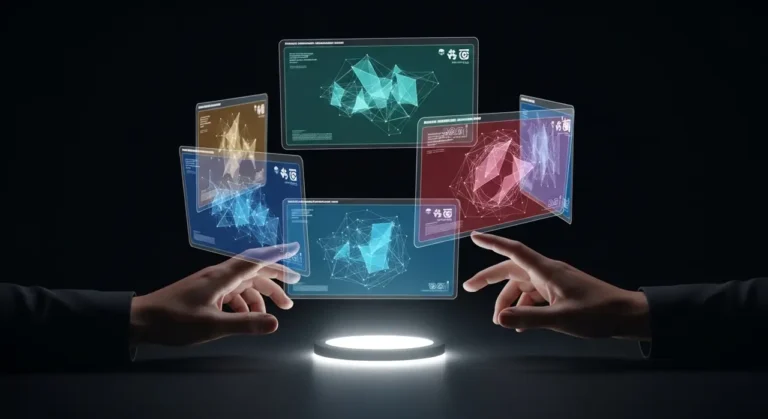 Interfaz holográfica de IA: persona controlando con las manos paneles de datos 3D que flotan sobre escritorio luminoso en oficina oscura
