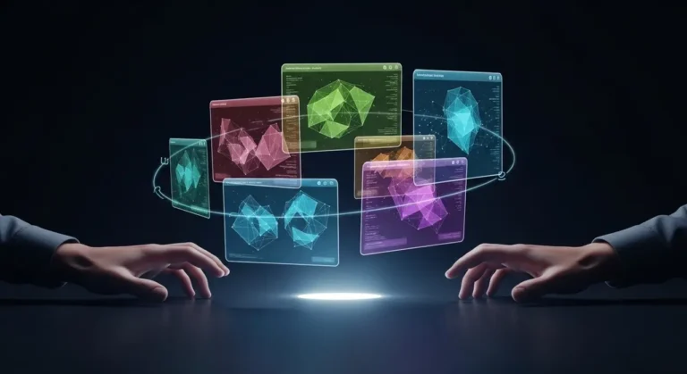 La interfaz del futuro: manos gestuales controlando datos y análisis de IA en paneles holográficos multicolor