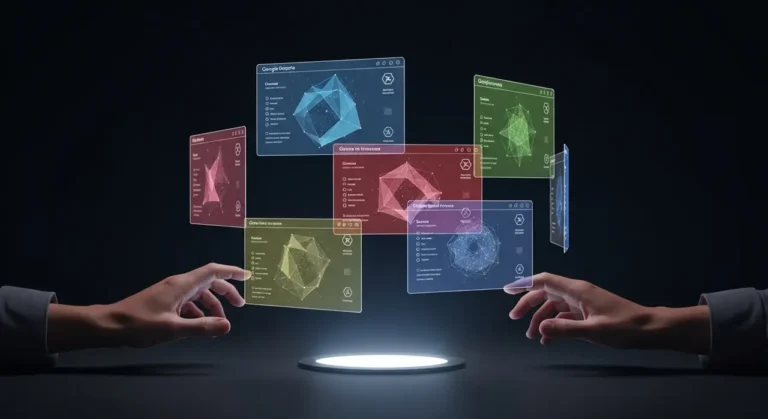 Interfaz holográfica de IA: persona controlando con las manos paneles de datos 3D que flotan sobre escritorio luminoso en oficina oscura