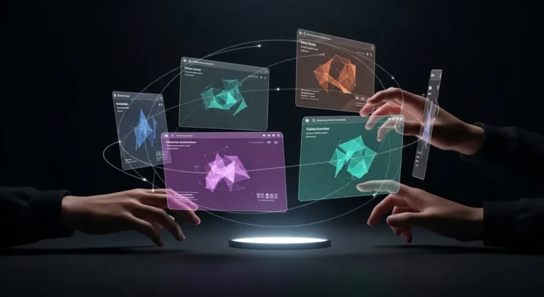 La interfaz del futuro: manos gestuales controlando datos y análisis de IA en paneles holográficos multicolor