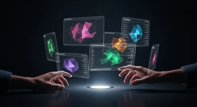 Manos humanas interactuando con múltiples paneles holográficos flotantes que muestran visualizaciones de datos de inteligencia artificial en colores rosa, teal y morado