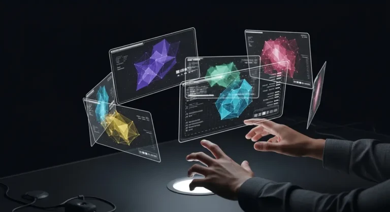 Interfaz holográfica de IA: persona controlando con las manos paneles de datos 3D que flotan sobre escritorio luminoso en oficina oscura