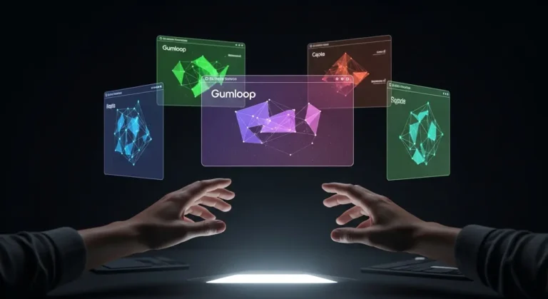 Manos humanas interactuando con múltiples paneles holográficos flotantes que muestran visualizaciones de datos de inteligencia artificial en colores rosa, teal y morado