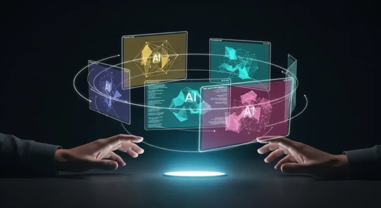 Interfaz holográfica de IA: persona controlando con las manos paneles de datos 3D que flotan sobre escritorio luminoso en oficina oscura