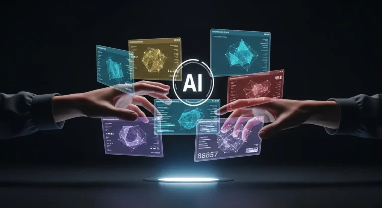 La interfaz del futuro: manos gestuales controlando datos y análisis de IA en paneles holográficos multicolor