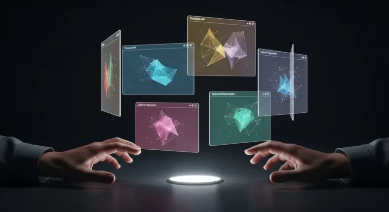 Interfaz holográfica de IA: persona controlando con las manos paneles de datos 3D que flotan sobre escritorio luminoso en oficina oscura