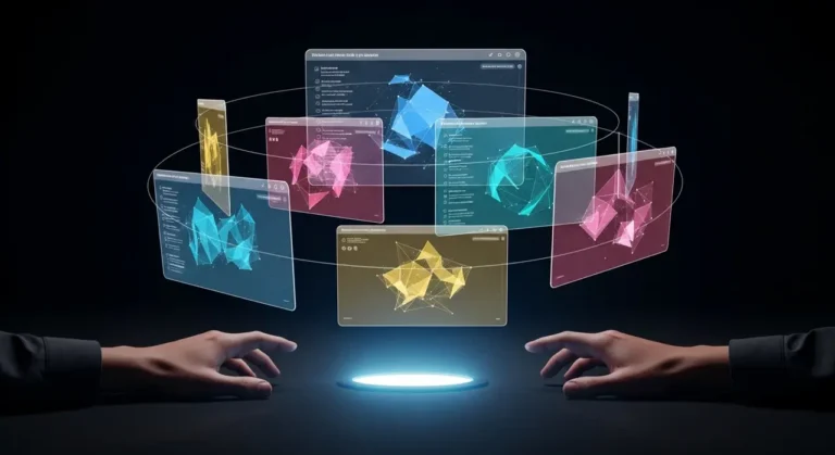 Representación conceptual de inteligencia artificial con elementos tecnológicos y datos digitales sobre fondo oscuro