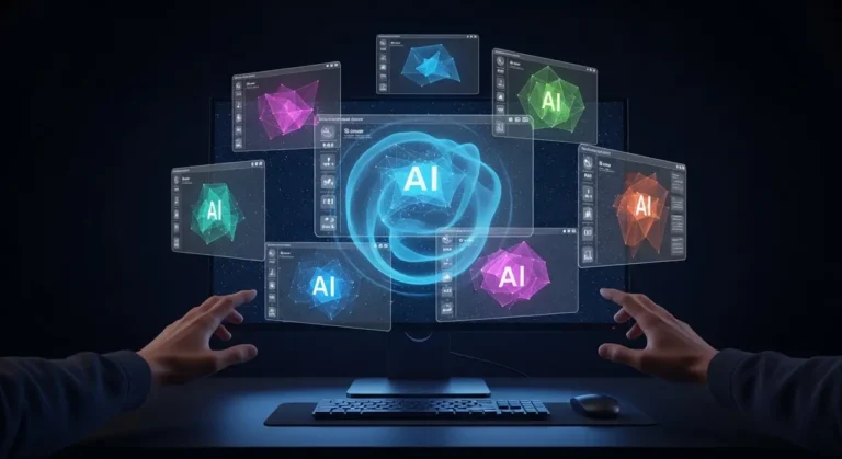 Tecnología de inteligencia artificial avanzada visualizada con elementos digitales y flujos de información