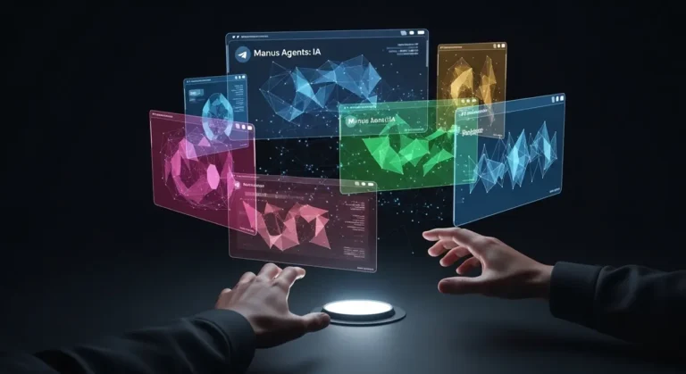 Representación conceptual de inteligencia artificial con elementos tecnológicos y datos digitales sobre fondo oscuro