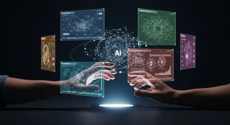 Tecnología de inteligencia artificial avanzada visualizada con elementos digitales y flujos de información