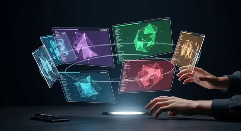 Representación conceptual de inteligencia artificial con elementos tecnológicos y datos digitales sobre fondo oscuro