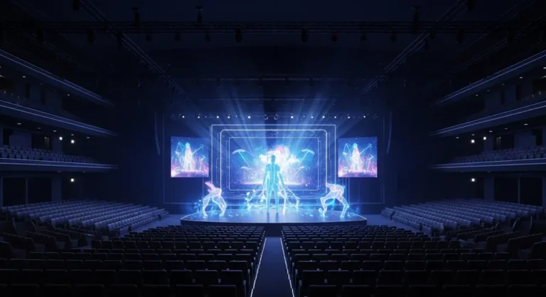 Artista silueteado en escenario oscuro con cascadas de luz azul y efectos visuales generados por inteligencia artificial