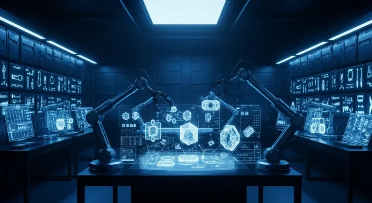 Workshop tecnológico del futuro con brazos robóticos inteligentes y diseños holográficos proyectados
