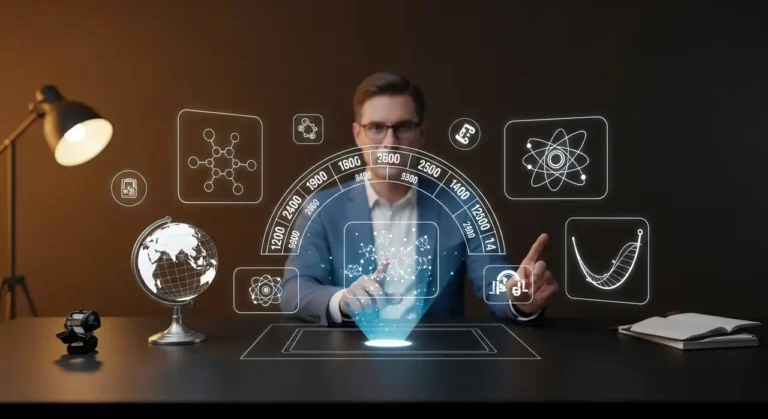 Laboratorio de innovación con robótica avanzada e IA generando modelos holográficos de componentes técnicos