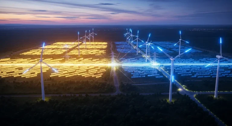 Turbina eólica offshore en aguas oscuras con sistema de monitoreo por IA y visualización submarina de cables de energía