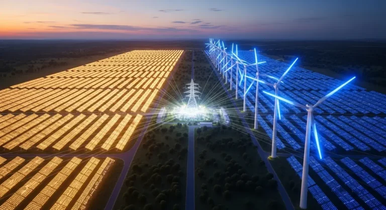 Gran parque solar y eólico con inteligencia artificial optimizando la distribución de energía renovable desde el aire