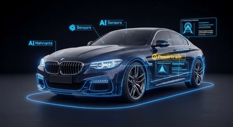 Automóvil de lujo con sistema de IA mostrando sensores, powertrain y navegación integrados con red neuronal digital