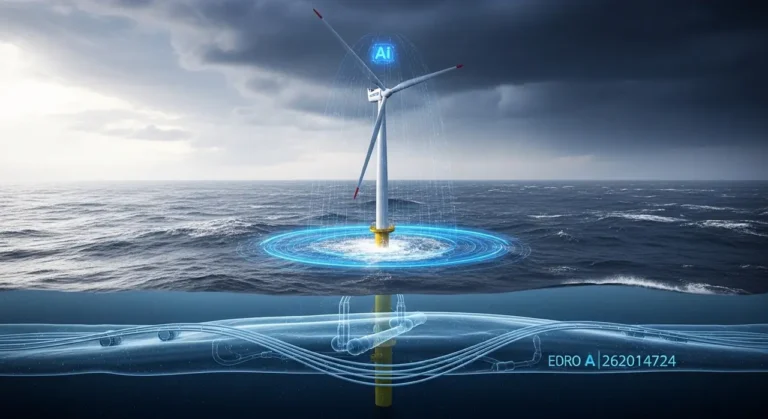 Turbina eólica offshore en aguas oscuras con sistema de monitoreo por IA y visualización submarina de cables de energía