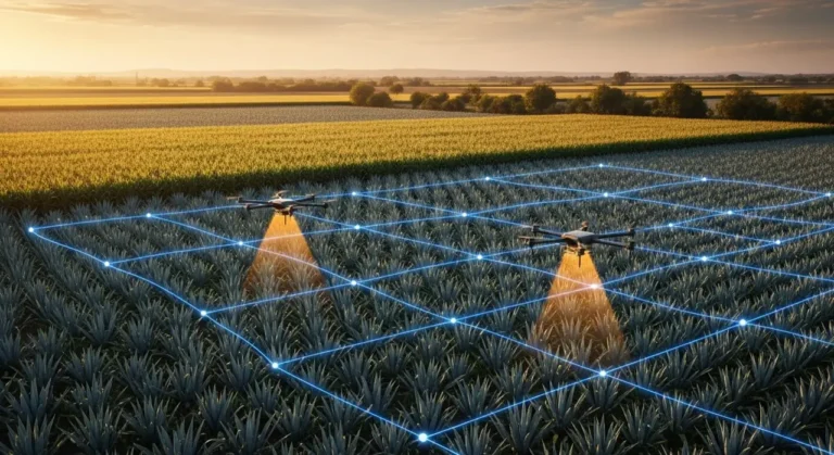 Granja inteligente del futuro en México con invernaderos tecnológicos, paneles solares y agricultor supervisando al amanecer