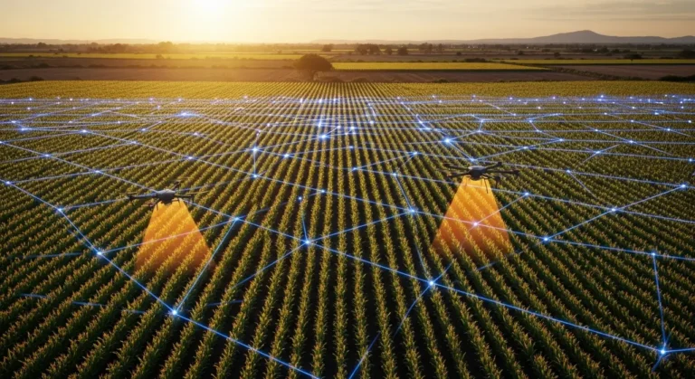 Granja inteligente del futuro en México con invernaderos tecnológicos, paneles solares y agricultor supervisando al amanecer