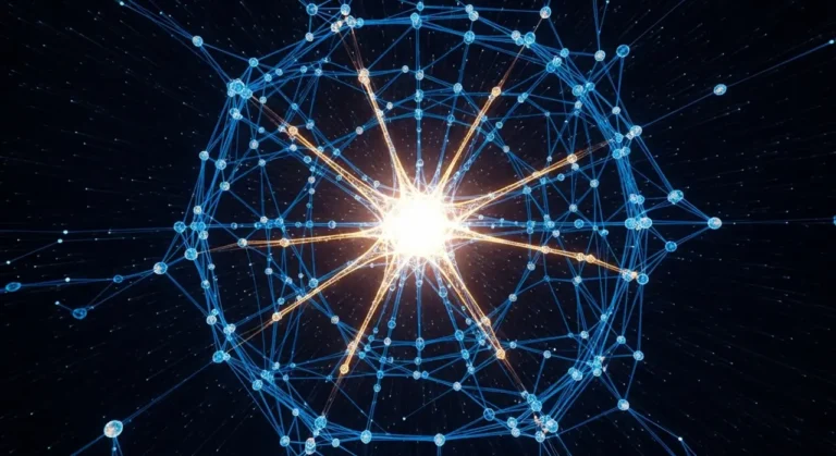 Visualización de red neuronal profunda con nodo central luminoso y múltiples conexiones sinapticas en fondo oscuro espacial
