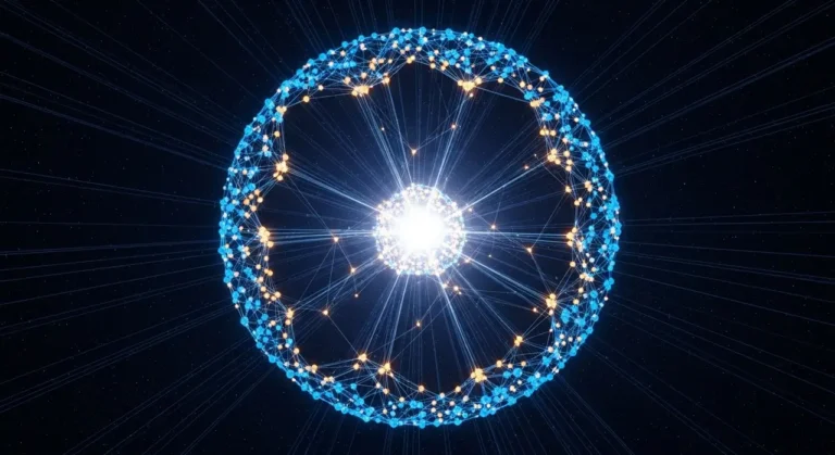 Constelación de inteligencia artificial: red neuronal con conexiones de datos en azul eléctrico sobre fondo cósmico