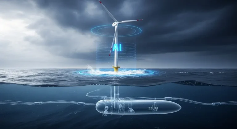 Turbina eólica offshore en aguas oscuras con sistema de monitoreo por IA y visualización submarina de cables de energía