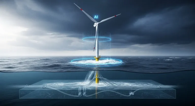 Gran parque solar y eólico con inteligencia artificial optimizando la distribución de energía renovable desde el aire