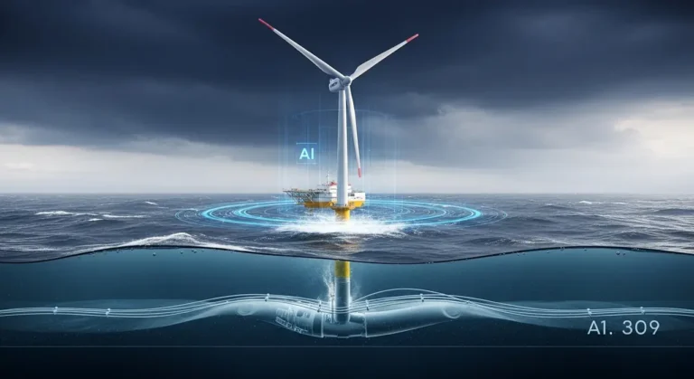 Turbina eólica offshore en aguas oscuras con sistema de monitoreo por IA y visualización submarina de cables de energía