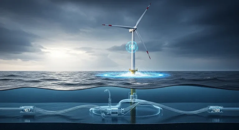 Turbina eólica offshore en aguas oscuras con sistema de monitoreo por IA y visualización submarina de cables de energía