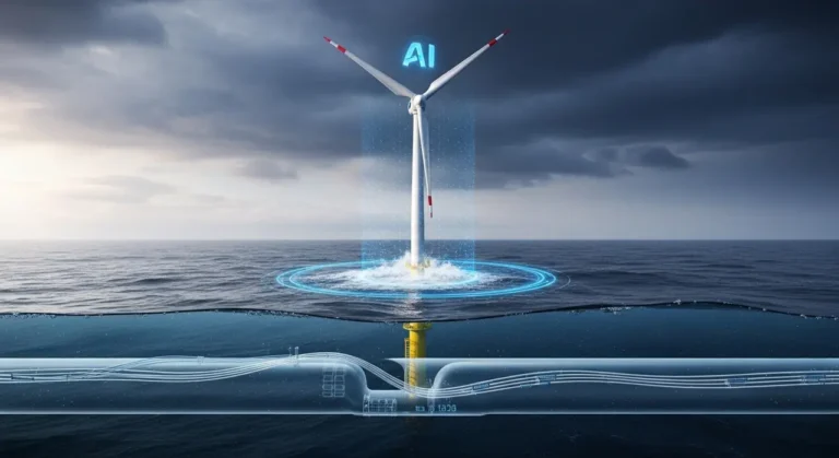 Turbina eólica offshore en aguas oscuras con sistema de monitoreo por IA y visualización submarina de cables de energía