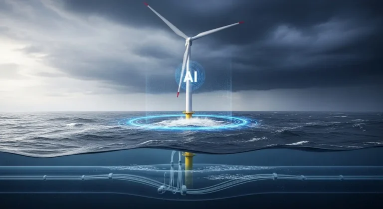 Gran parque solar y eólico con inteligencia artificial optimizando la distribución de energía renovable desde el aire