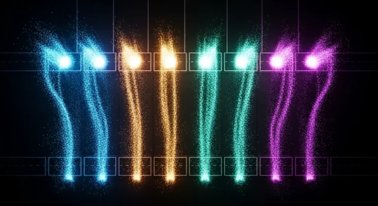 Múltiples streams de luz de colores (azul, naranja, teal, morado) fluyendo en paralelo como representación de procesos automatizados con IA