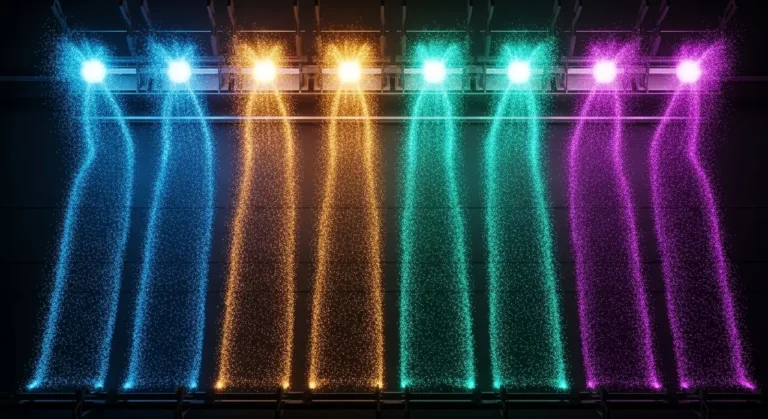 Flujos de trabajo automatizados con IA mostrados como cascadas de partículas de luz en colores vibrantes cayendo simultáneamente