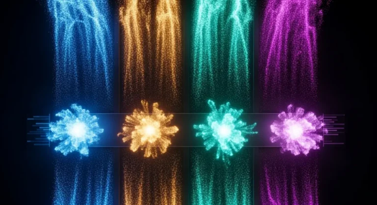 Flujos de trabajo automatizados con IA mostrados como cascadas de partículas de luz en colores vibrantes cayendo simultáneamente