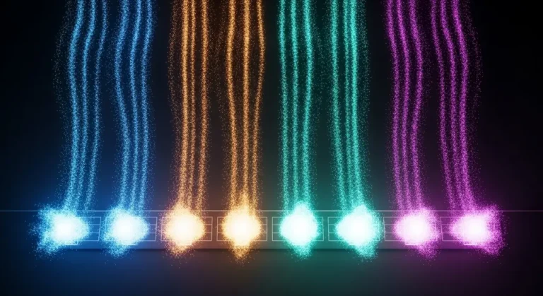 Múltiples streams de luz de colores (azul, naranja, teal, morado) fluyendo en paralelo como representación de procesos automatizados con IA