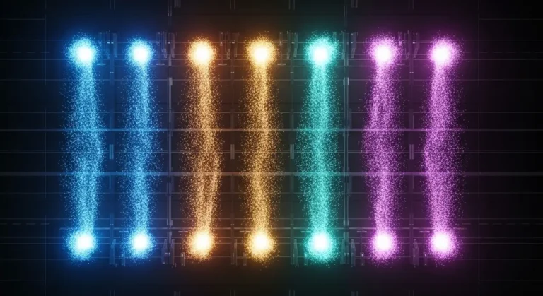 Flujos de trabajo automatizados con IA mostrados como cascadas de partículas de luz en colores vibrantes cayendo simultáneamente