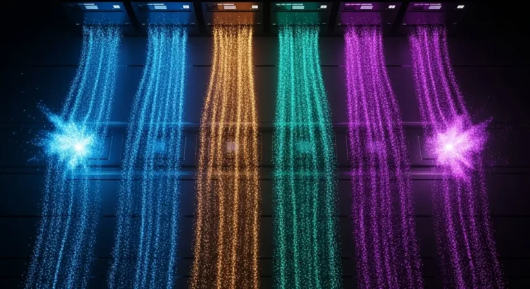 Flujos de trabajo automatizados con IA mostrados como cascadas de partículas de luz en colores vibrantes cayendo simultáneamente