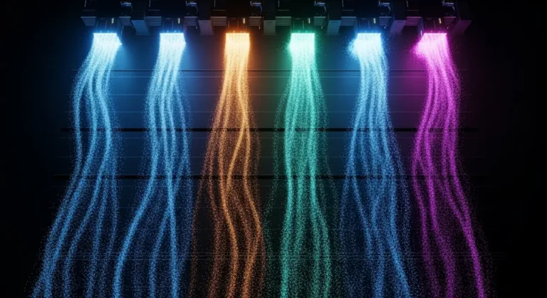 Visualización de automatización paralela: streams de datos de colores representando pipelines de IA ejecutándose en simultáneo