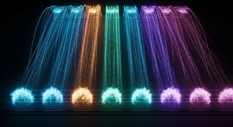Múltiples streams de luz de colores (azul, naranja, teal, morado) fluyendo en paralelo como representación de procesos automatizados con IA