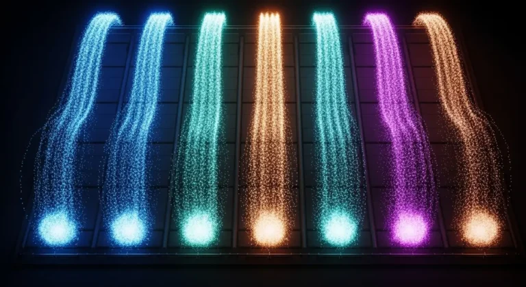 Visualización de automatización paralela: streams de datos de colores representando pipelines de IA ejecutándose en simultáneo