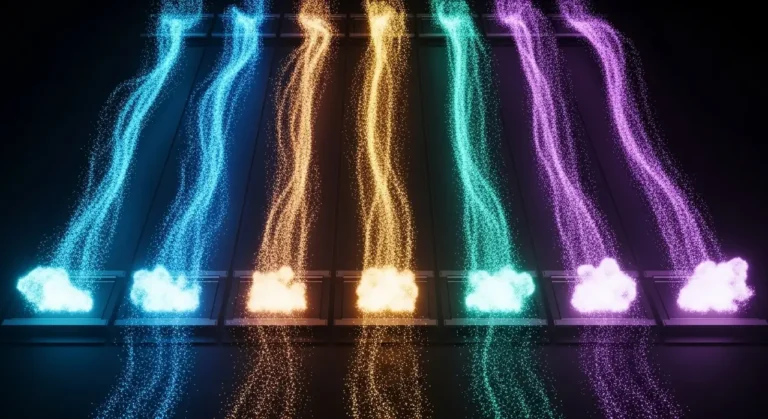 Flujos de trabajo automatizados con IA mostrados como cascadas de partículas de luz en colores vibrantes cayendo simultáneamente