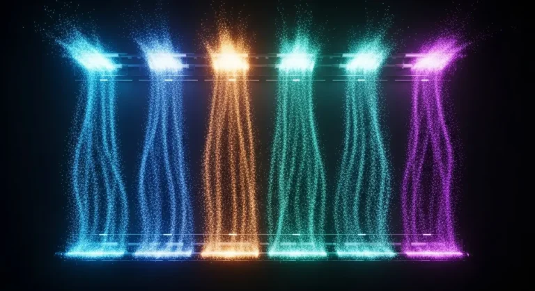Flujos de trabajo automatizados con IA mostrados como cascadas de partículas de luz en colores vibrantes cayendo simultáneamente
