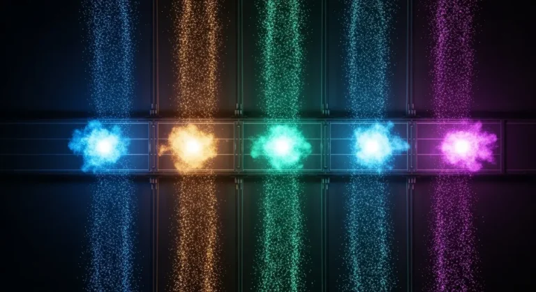 Flujos de trabajo automatizados con IA mostrados como cascadas de partículas de luz en colores vibrantes cayendo simultáneamente