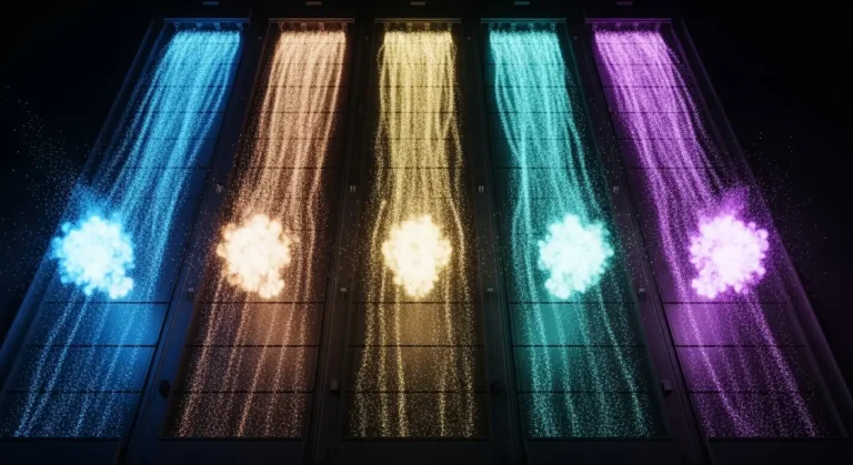 Múltiples streams de luz de colores (azul, naranja, teal, morado) fluyendo en paralelo como representación de procesos automatizados con IA